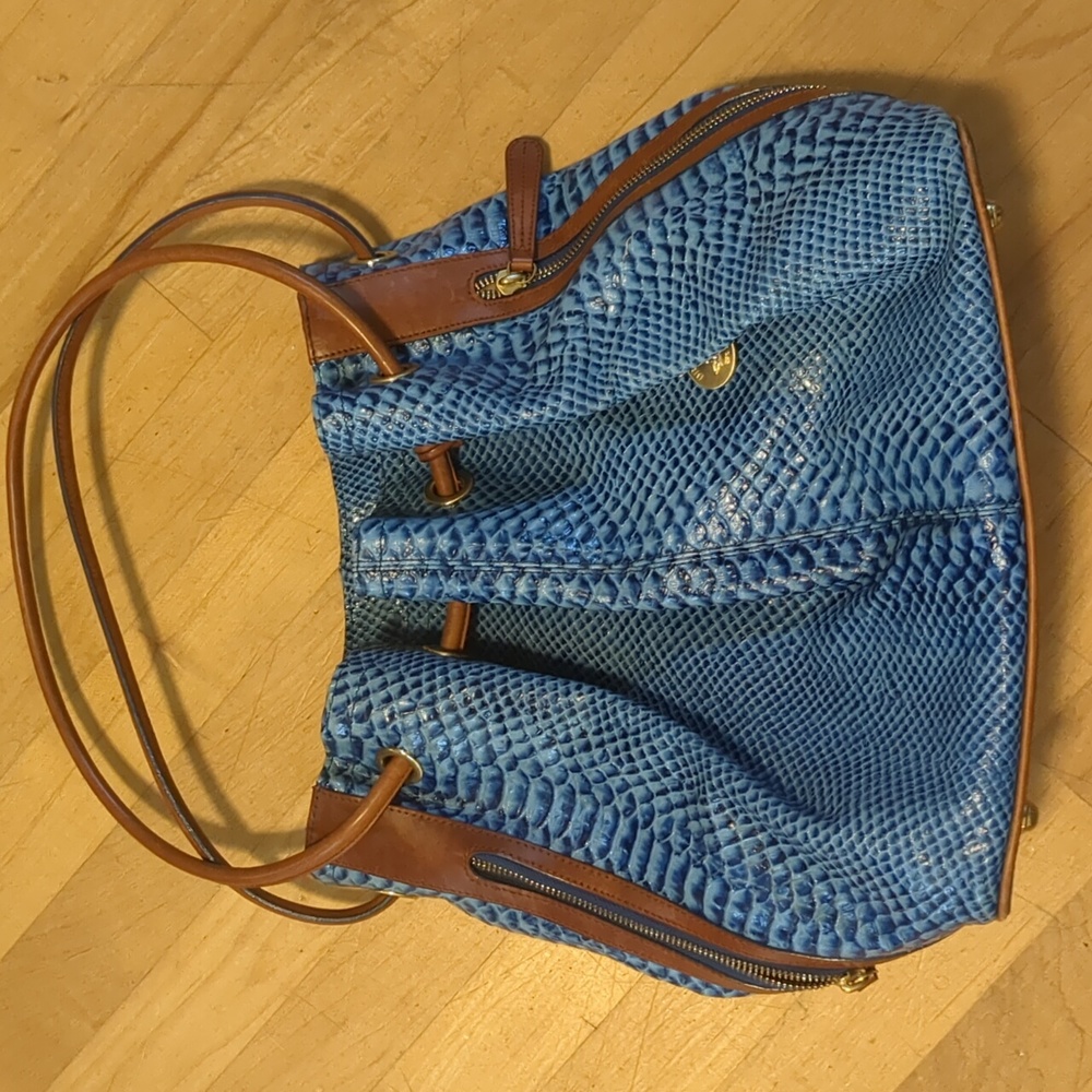 Brahmin blue leather Trina bucket cinch bag.